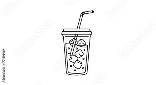 A refreshing iced drink in a clear takeaway cup with a lid and a straw, featuring several ice cubes and bubbles, rendered in simple line art.