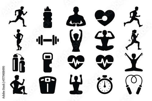 Fitness and Health Icons Running Water Bottle Dumbbell Heart Yoga Stopwatch Jump Rope