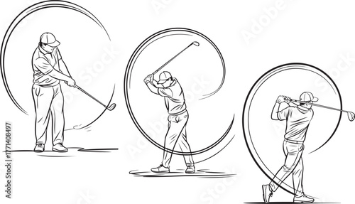Golfer swinging in circular frame with multiple poses