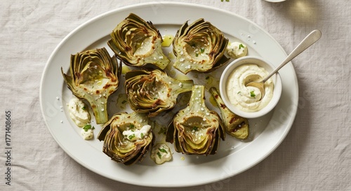 Grilled artichoke halves served on a white plate with dipping sauce. Healthy vegetarian appetizer for dinner party.