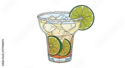 A refreshing margarita cocktail, complete with ice cubes, fresh lime slices, and a perfectly salted rim, on a bright white background.
