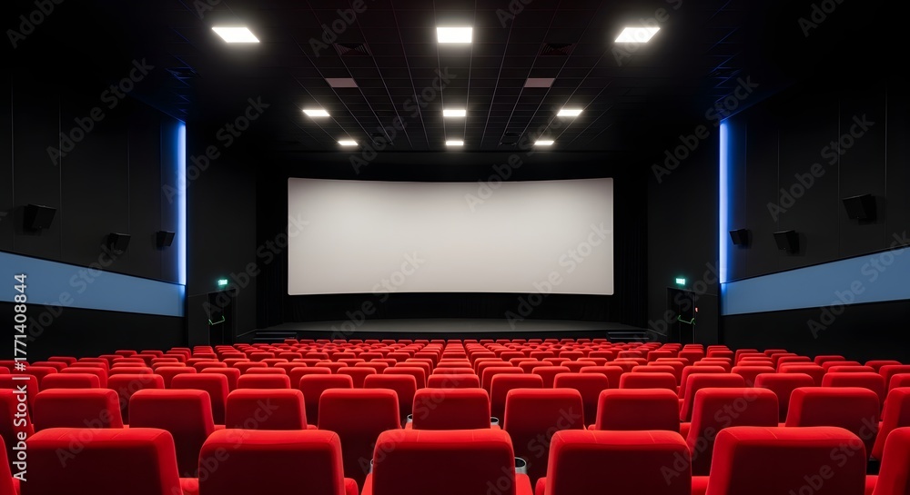 Fototapeta premium Empty cinema hall with red seats and large screen