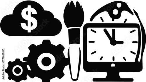 Digital business and creative workflow concept with money cloud, paintbrush, gears, and computer time management icons