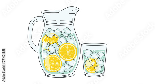 A clear glass pitcher and a matching glass filled with refreshing ice water and vibrant lemon slices, perfect for a cool summer drink.