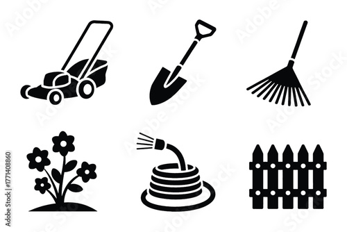 Gardening Tools Icons Lawn Mower Shovel Rake Flower Hose Fence vector illustration