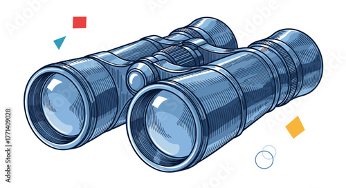 A blue illustration of a pair of binoculars for observation, discovery, and exploring new perspectives.