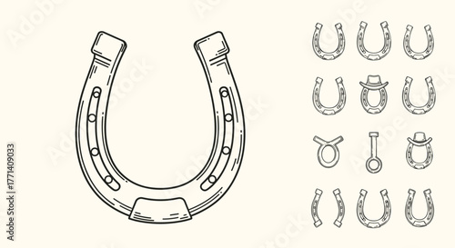 A collection of hand-drawn horseshoe illustrations, featuring various styles and designs, including classic, cowboy hat, and stylized versions.