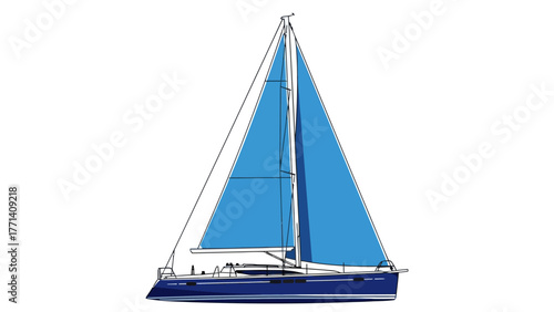 A blue sailboat with white sails black rigging and a white background