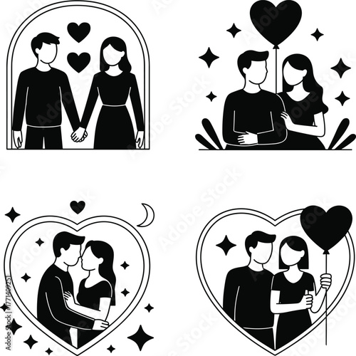 Romantic Couple Embrace Heart Balloon Stars Celebration Togetherness Love Affair Passionate Romance Anniversary Design Elements