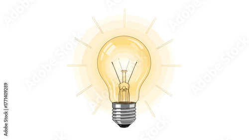 A bright light bulb with radiating light beams on a white background