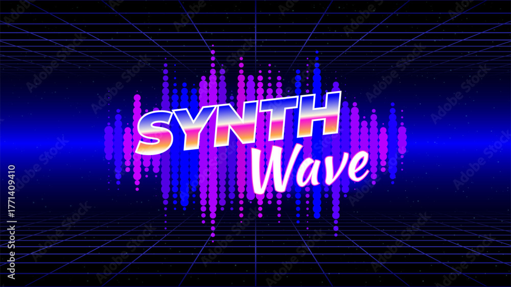 Obraz premium Retro futuristic abstract background. Synthwave 80s style poster. Music template. Neon triangle, 3d laser grid, audio signal waveform. Wireframe, mesh floor. Starry sky background. Vector