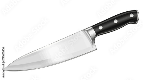 A chefs knife with a black handle and silver blade on a white background