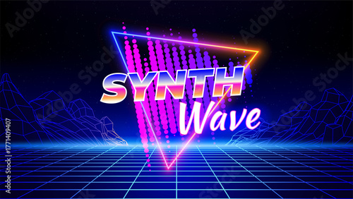 Retro futuristic abstract background. Synthwave 80s style poster. Neon triangle, 3d laser grid, audio signal waveform. Music template. Wireframe mountain, mesh floor. Starry sky background. Vector