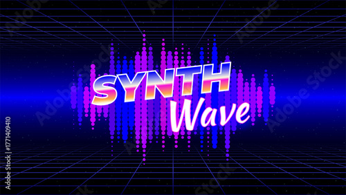 Retro futuristic abstract background. Synthwave 80s style poster. Music template. Neon triangle, 3d laser grid, audio signal waveform. Wireframe, mesh floor. Starry sky background. Vector
