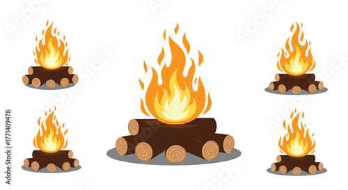 Five stylized campfires with vibrant orange and yellow flames atop dark brown logs, isolated on a white background, symbolizing warmth, camping, and outdoor adventure.