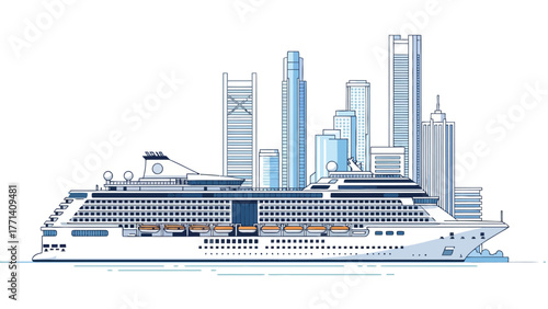 A cruise ship docked in front of a stylized city skyline