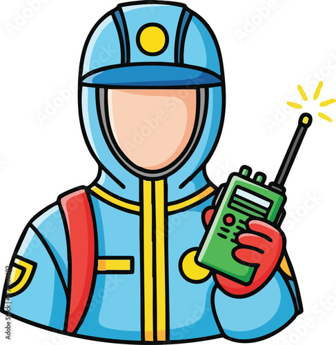 Cartoon Person in Blue Hazmat Suit Holding Green Walkie Talkie With Yellow Shield Emblem