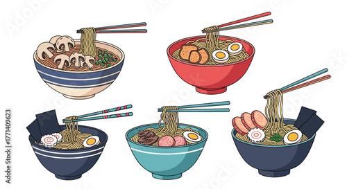 Five distinct bowls of delicious Japanese ramen noodles, each featuring unique toppings like mushrooms, eggs, meat, and seaweed, with chopsticks.