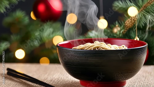 A warm bowl of steaming noodles sits on a table, surrounded by holiday lights and decorations, creating a cozy vibe