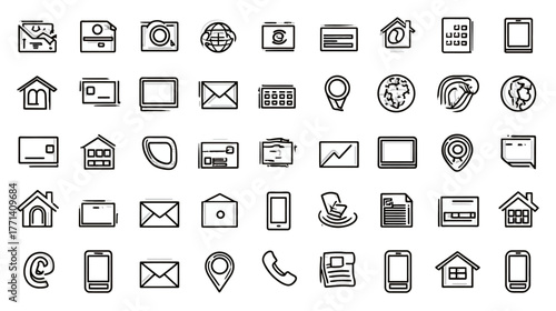 Modern collection of outline business, communication, and web technology line icons. UI/UX design elements and digital symbols.