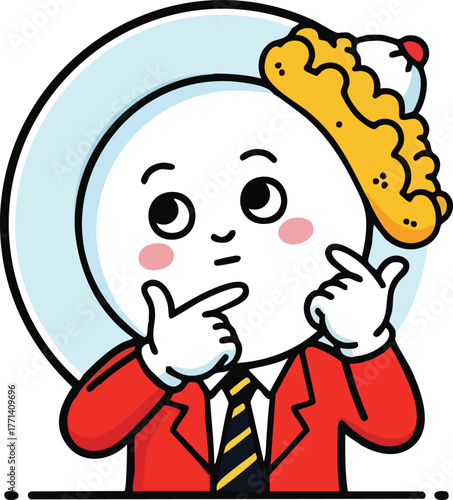 Cartoon Plate Character Thinking With Pie On Head Wearing Red Suit And Tie