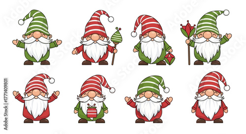 Set of Cute Christmas Gnomes Wearing Striped Hats
