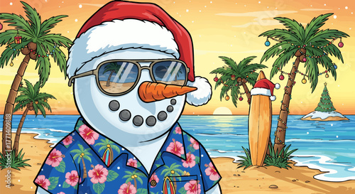 Snowman's Tropical Christmas A Festive Beach Vacation Scene with Palm Trees and a Surfboard