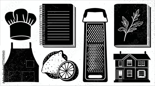 Stylized black and white vector illustrations of cooking and home essentials: chef hat, apron, grater, recipe books, and fresh lemon.