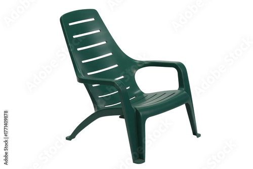A dark green plastic outdoor chair with armrests and a slotted back, perfect for garden, patio, or poolside relaxation. background removed