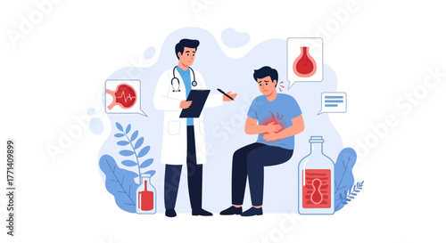 Medical Consultation Doctor Examining Patient with Abdominal Pain, Healthcare Illustration