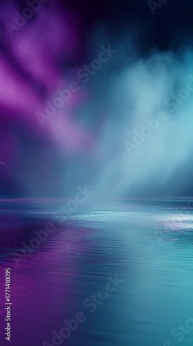 A vibrant, ethereal scene unfolds with neon purple and cyan lights piercing through mysterious fog, reflecting upon a dark, wet surface, evoking a dynamic and futuristic atmosphere.