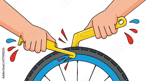 Close Up Of Two Hands Using Yellow Tire Levers To Repair A Bicycle Wheel With Red And Blue Fluid Splashing Outward Against A White Background
