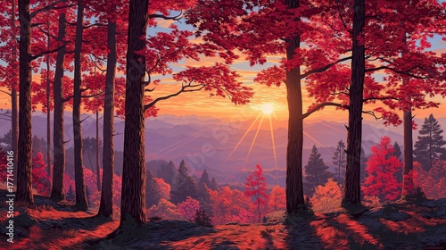 Vibrant Autumn Forest Sunrise Background with Fiery Foliage and Soft Bokeh Light Concept Asset Resource Template