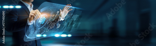 IT CONSULTING. Digital transformation. Consultant using modern interface designing scalable IT solutions. Cloud systems, cybersecurity, data migration, and enterprise technology strategy.