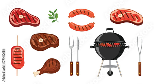 Assortment of BBQ food items including steaks, sausages, chicken, and grilling equipment on a white background.