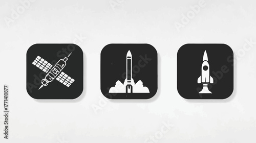 Set of space exploration icons: satellite, launching rocket, and space rocket symbol. Technology and astronomy concepts.