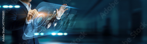 BIOMETRIC. Identity verification. Security officer using modern interface scanning fingerprints and retina. Access control, authentication, fraud prevention, and secure digital identity management.