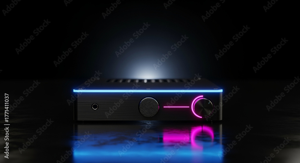 Obraz premium Sleek Black Audio Device with Striking Neon Blue and Pink Glow. Modern High-Tech Sound Component on Reflective Dark Surface, Dynamic LED Illumination.