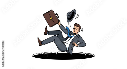 Businessman falling into a hole Concept of failure, mistakes, and business challenges