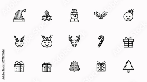 Christmas Line Art Vector Icons Set. Simple Holiday Elements: Santa Hat, Snowman, Reindeer, Holly, Candy Cane, Gifts, Tree, Ornaments.