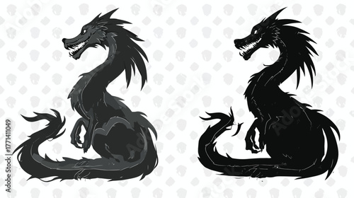 Stylized black fantasy dragon illustration and silhouette vector graphic with sharp teeth, spiky mane, and serpentine body