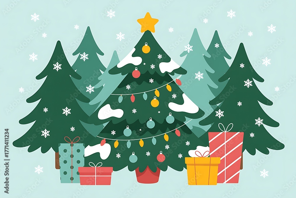 Fototapeta premium A decorated Christmas tree stands in a snowy forest with gifts scattered around its base.