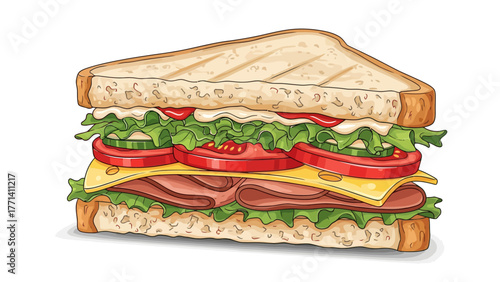 A toasted sandwich sliced in half diagonally revealing layers of meat cheese tomato cucumber lettuce and sauce