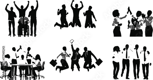 Teamwork, inclusion, diversity, business success, collaboration, celebration, unity, office people, silhouette group, meeting, high five, jump, achievement, motivation, support, wheelchair, 