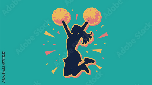Silhouette of cheerleader jumping with pom poms against a teal background with confetti shapes around her