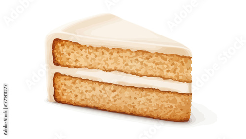 A triangular slice of white frosted cake with two layers of cake