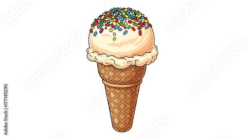 A vanilla ice cream cone with colorful sprinkles