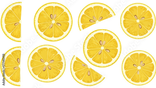 A vibrant collection of sliced lemons on a white background