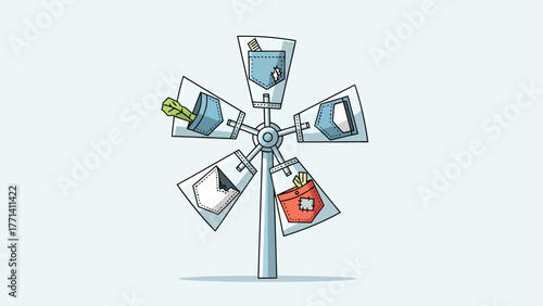 A whimsical windmill with jean pockets as blades