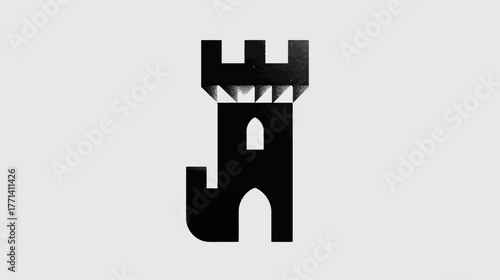 Minimalist black silhouette of a stylized castle tower with battlement on a light grey background, representing strength and history.